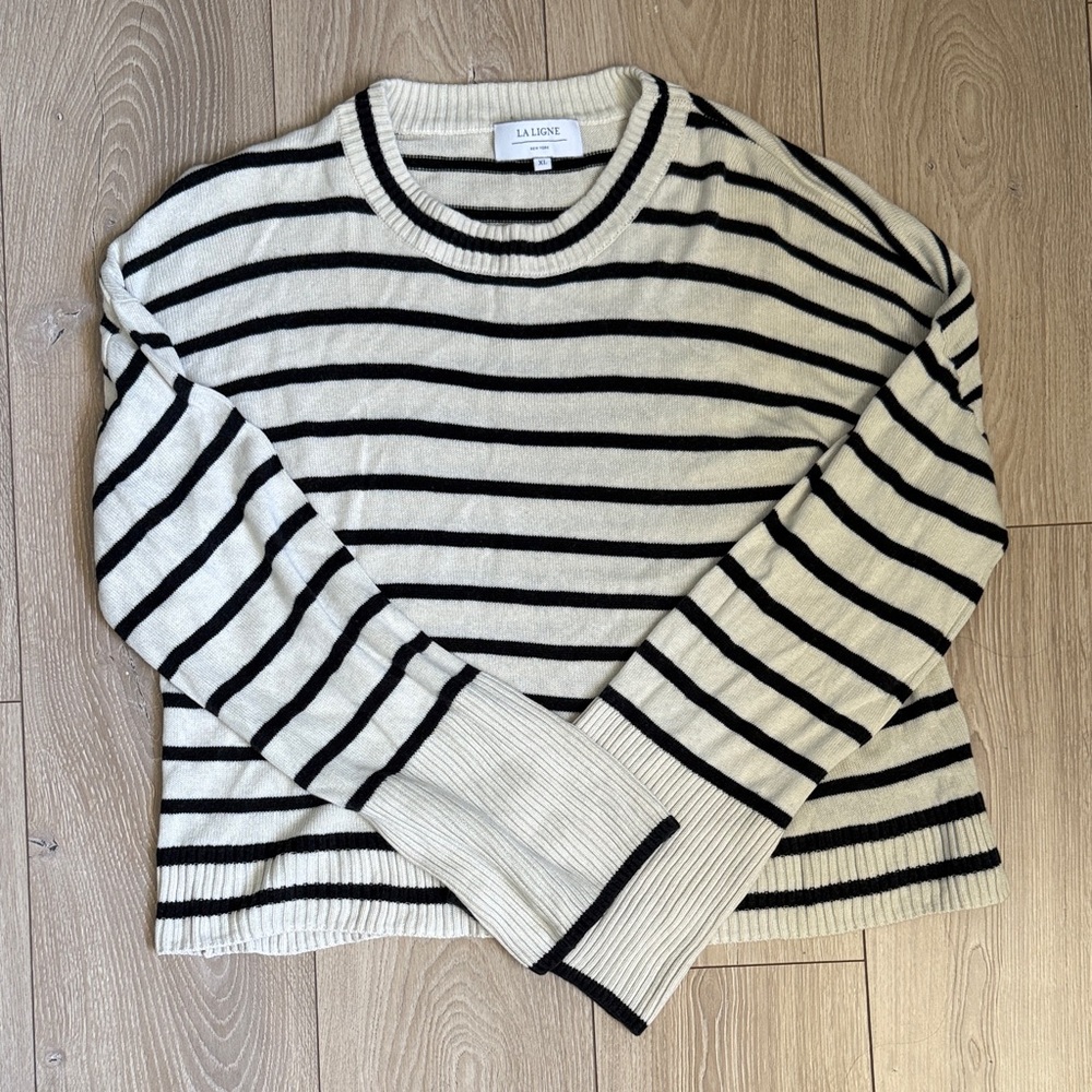 La Ligne Cream and Black Striped Crewneck Sweater